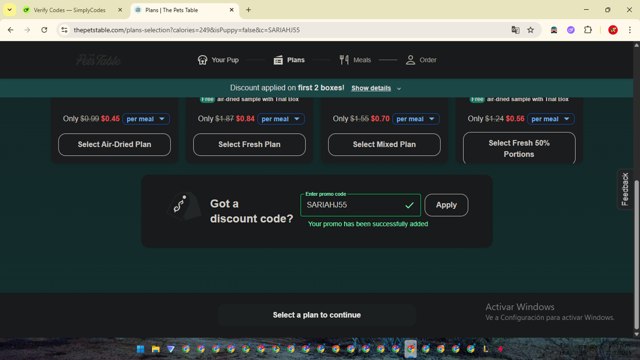 The Pets Table checkout page showing The Pets Table discount code box | Screenshot taken by SimplyCodes community member on Jul 21, 2025