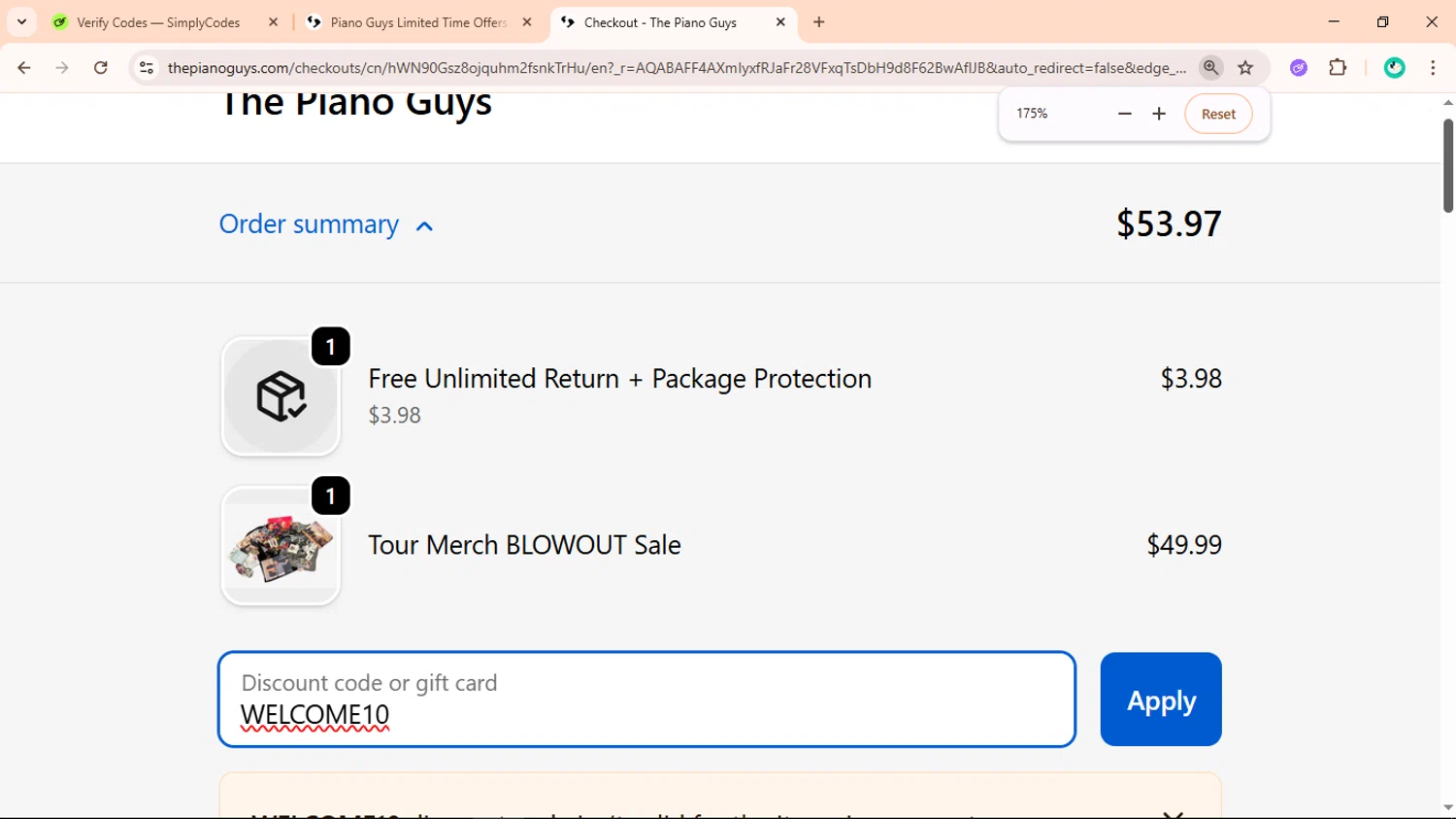 The Piano Guys promo code screenshot showing code WELCOME10 applied at The Piano Guys checkout page. Uploaded by SimplyCodes community member ShieldLegend9691 on Feb 20, 2026