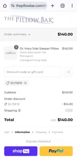 The Pillow Bar coupon verification screenshot