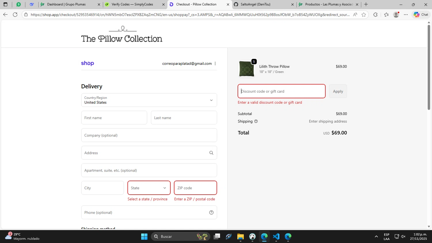 The Pillow Collection promo code screenshot showing code WELCOME20 applied at The Pillow Collection checkout page. Uploaded by SimplyCodes community member DaniTsu on Nov 27, 2025