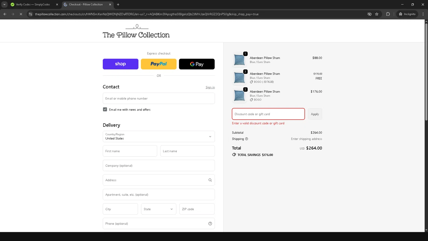 The Pillow Collection promo code screenshot showing code WELCOME20 applied at The Pillow Collection checkout page. Uploaded by SimplyCodes community member HAOJIN on Nov 27, 2025