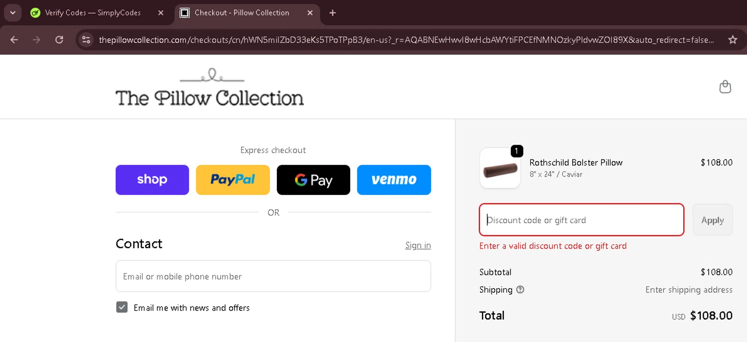 The Pillow Collection promo code screenshot showing code WELCOME20 applied at The Pillow Collection checkout page. Uploaded by SimplyCodes community member Morketools on Nov 27, 2025