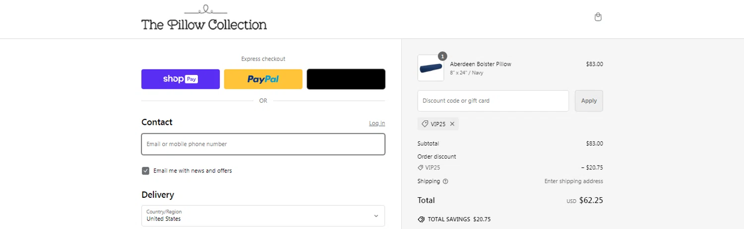 The Pillow Collection promo code screenshot showing code VIP25 applied at The Pillow Collection checkout page. Uploaded by SimplyCodes community member OnlywM on Nov 23, 2024