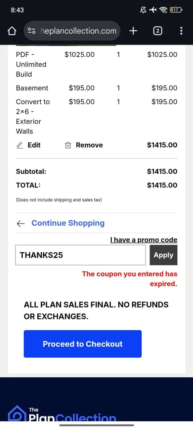 The Plan Collection promo code screenshot showing code THANKS25 applied at The Plan Collection checkout page. Uploaded by SimplyCodes community member RoyalSpotter5217 on Jan 26, 2026
