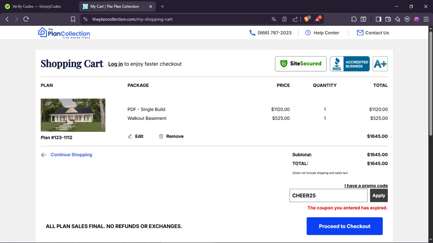 The Plan Collection promo code screenshot showing code CHEER25 applied at The Plan Collection checkout page. Uploaded by SimplyCodes community member ScanPhoenix3549 on Jan 26, 2026
