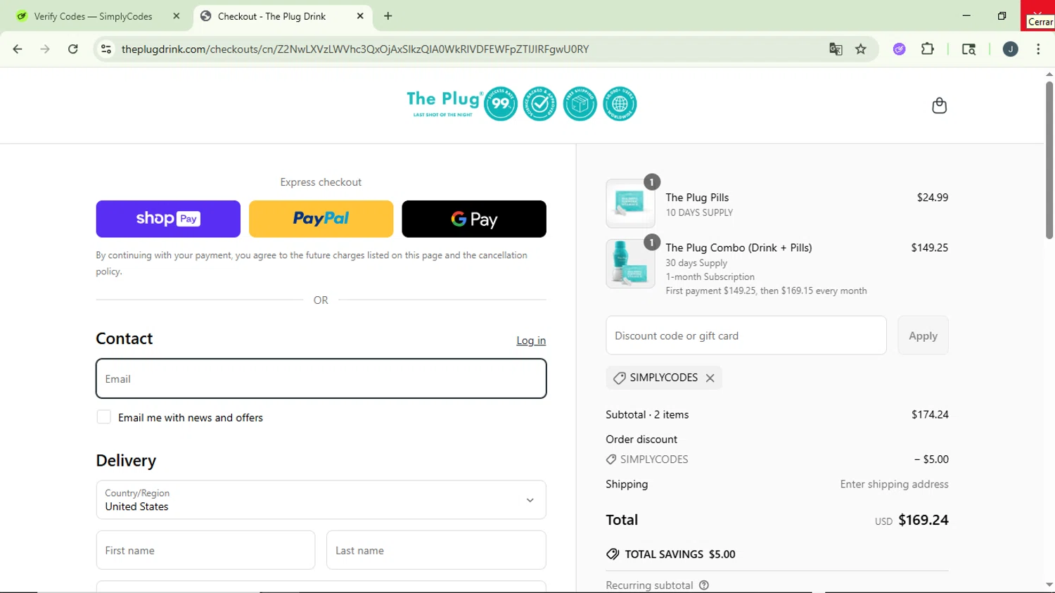 The Plug Drink discount code screenshot showing code SIMPLYCODES applied at The Plug Drink checkout page. Uploaded by SimplyCodes community member GloriousCollector9930 on Jun 19, 2025