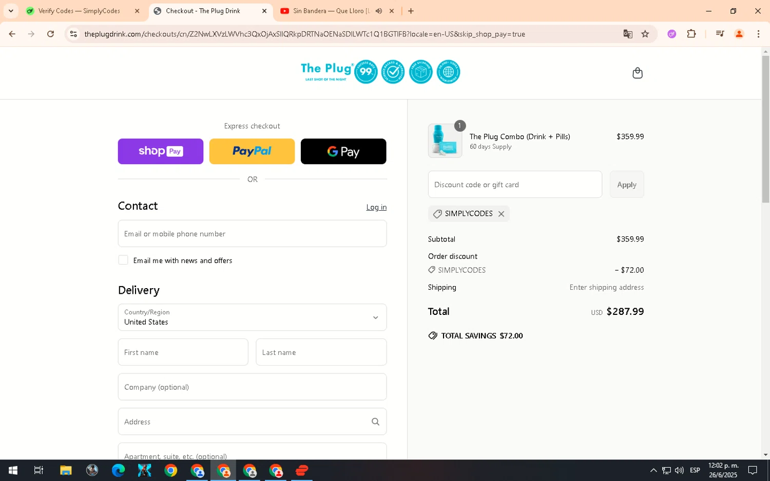 The Plug Drink discount code screenshot showing code SIMPLYCODES applied at The Plug Drink checkout page. Uploaded by SimplyCodes community member GloriousSpotter8024 on Jun 26, 2025