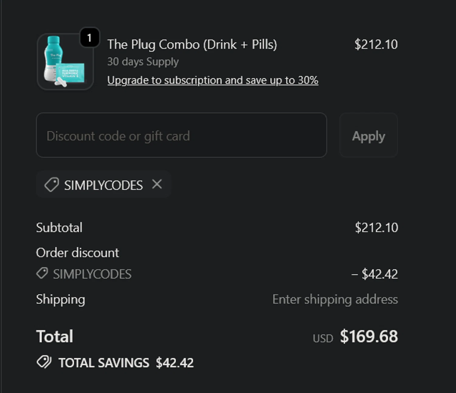 The Plug Drink discount code screenshot showing code SIMPLYCODES applied at The Plug Drink checkout page. Uploaded by SimplyCodes community member xocelot44x on Dec 24, 2025