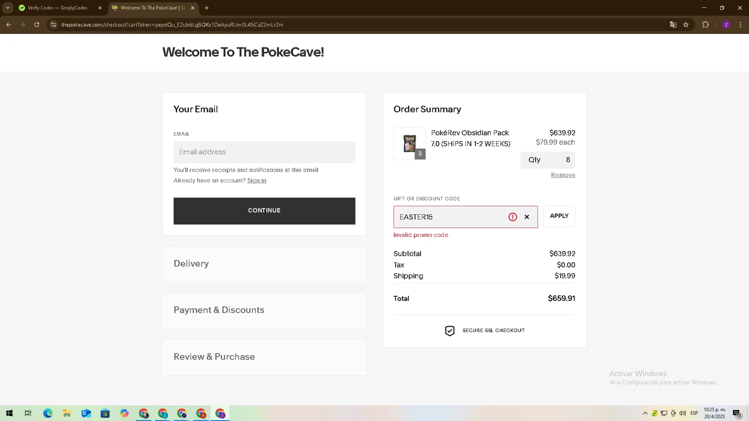 The Poke Cave promo code screenshot showing code EASTER15 applied at The Poke Cave checkout page. Uploaded by SimplyCodes community member angelrodriguez on Apr 21, 2025