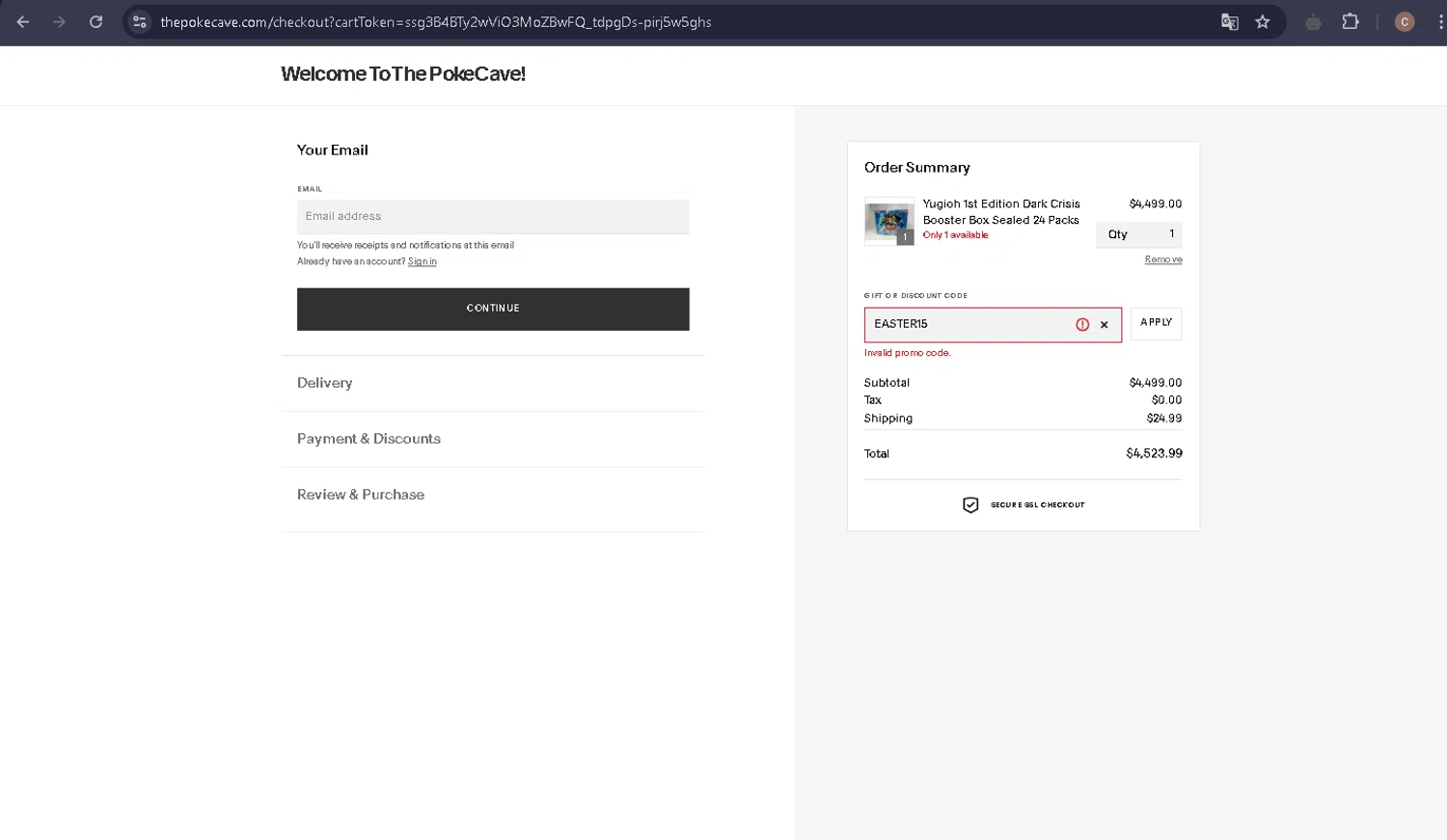 The Poke Cave promo code screenshot showing code EASTER15 applied at The Poke Cave checkout page. Uploaded by SimplyCodes community member carlosra07 on Apr 21, 2025