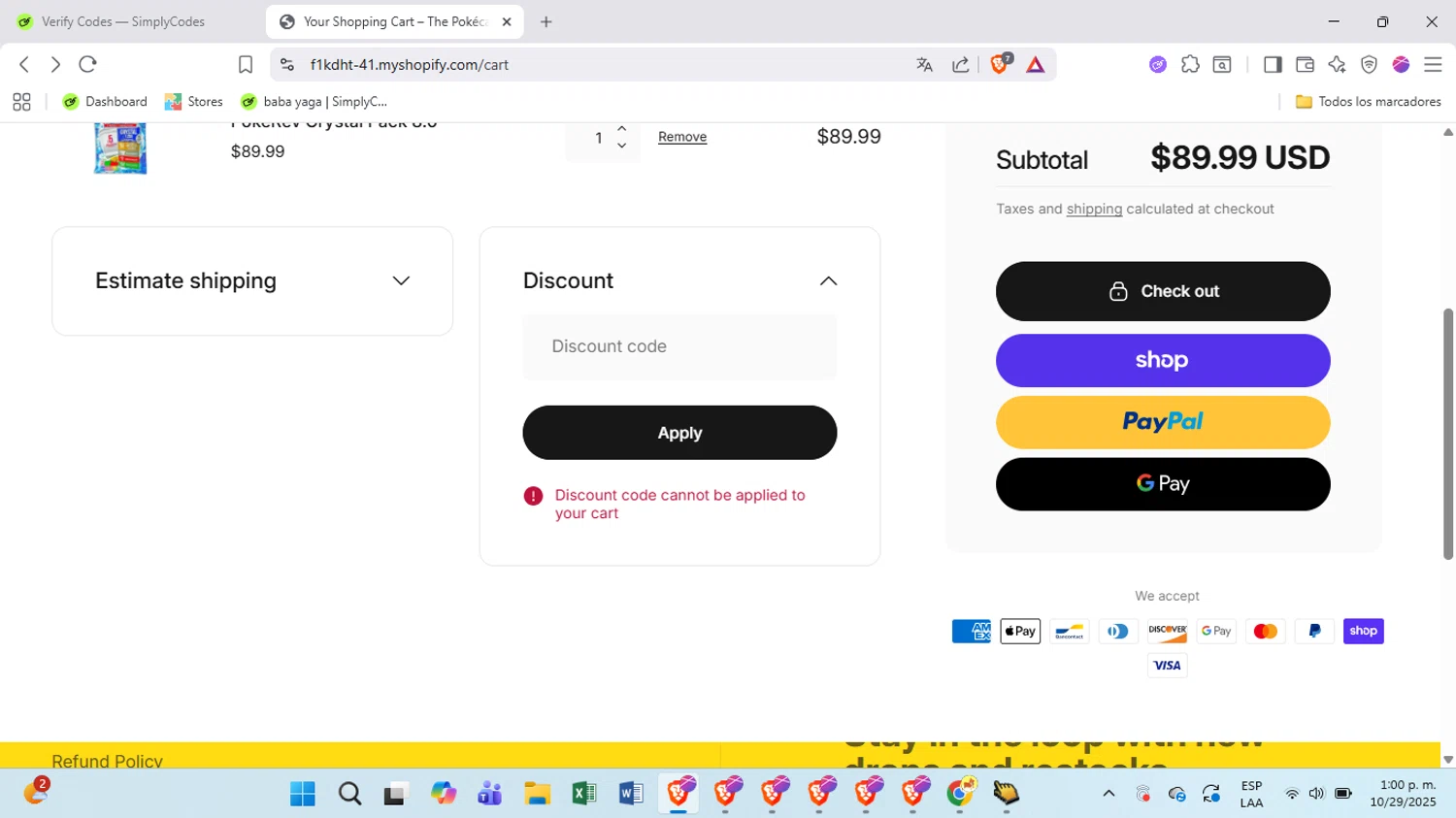 The Poke Cave promo code screenshot showing code WELCOME20 applied at The Poke Cave checkout page. Uploaded by SimplyCodes community member BrilliantSpotter8809 on Oct 29, 2025