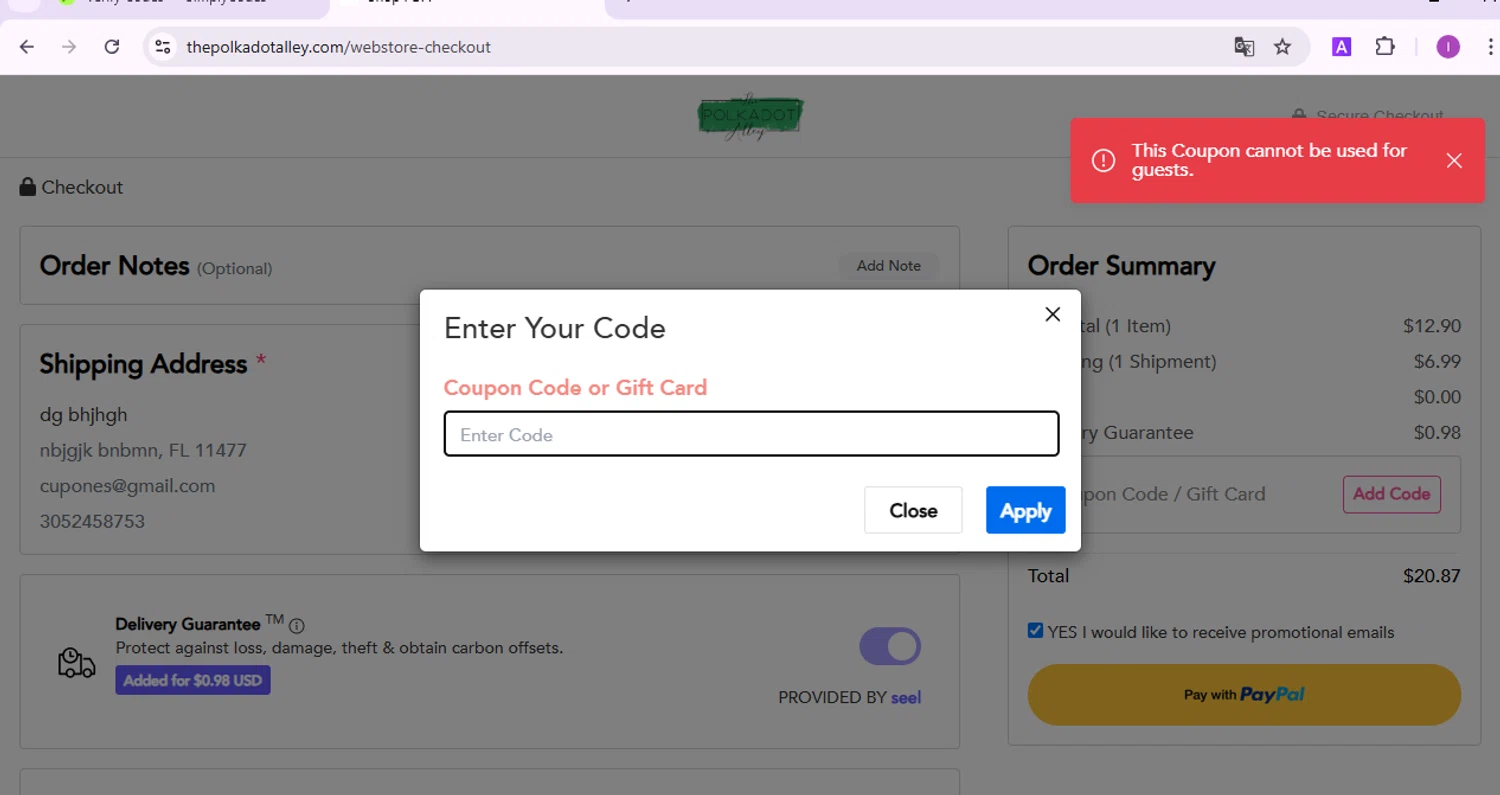 The Polkadot Alley promo code screenshot showing code WEB15 applied at The Polkadot Alley checkout page. Uploaded by SimplyCodes community member BudgetElite1200 on Jan 5, 2025