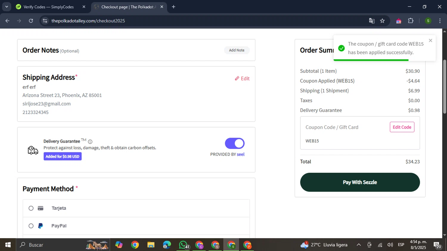 The Polkadot Alley promo code screenshot showing code WEB15 applied at The Polkadot Alley checkout page. Uploaded by SimplyCodes community member RewardMaverick445 on May 8, 2025