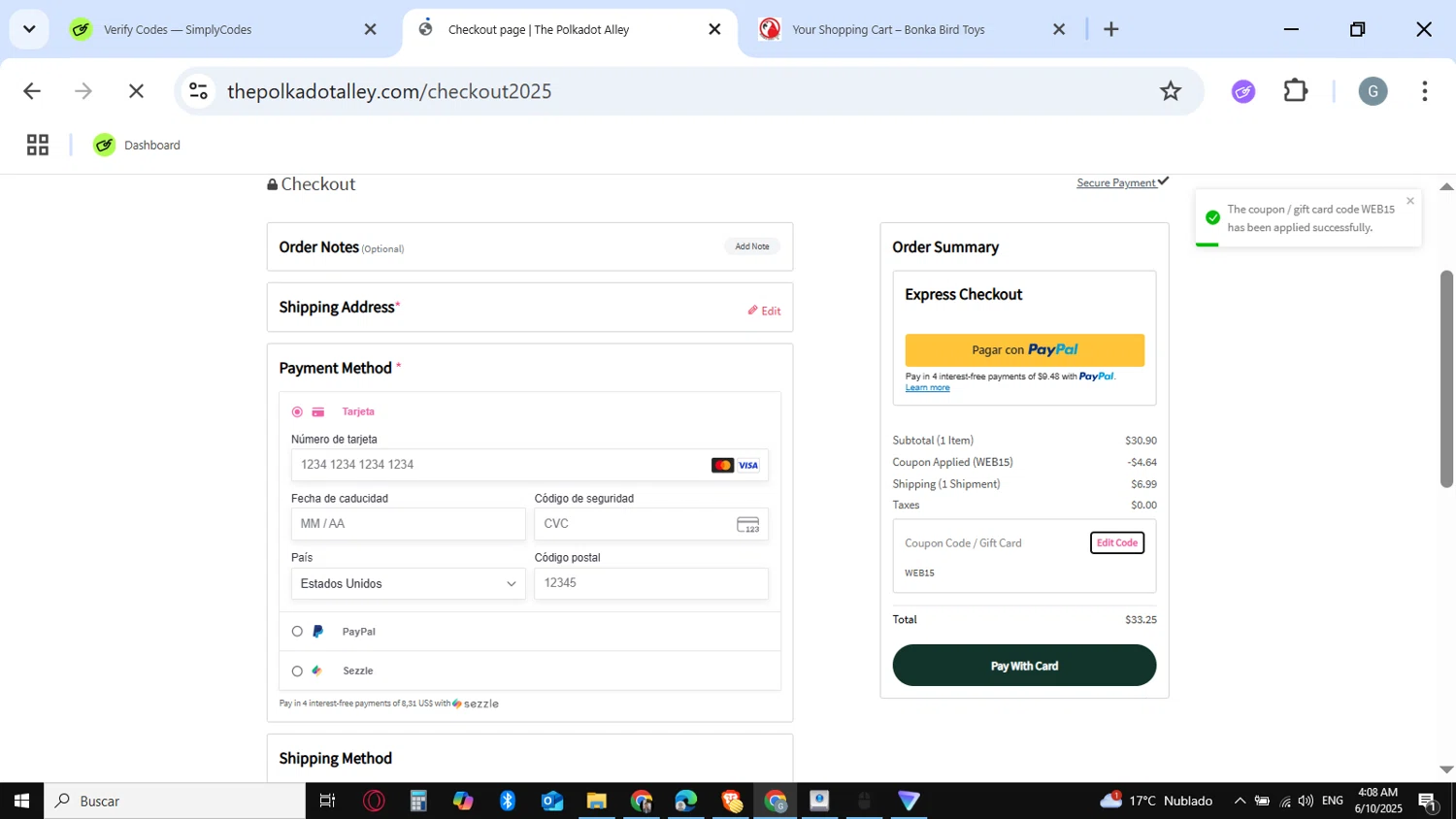 The Polkadot Alley promo code screenshot showing code WEB15 applied at The Polkadot Alley checkout page. Uploaded by SimplyCodes community member guest_623525963 on Jun 10, 2025