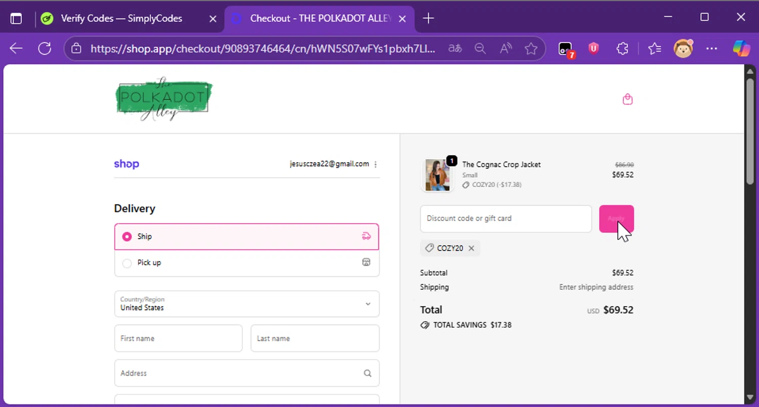 The Polkadot Alley checkout page showing The Polkadot Alley promo code box | Screenshot taken by SimplyCodes community member on Nov 18, 2025