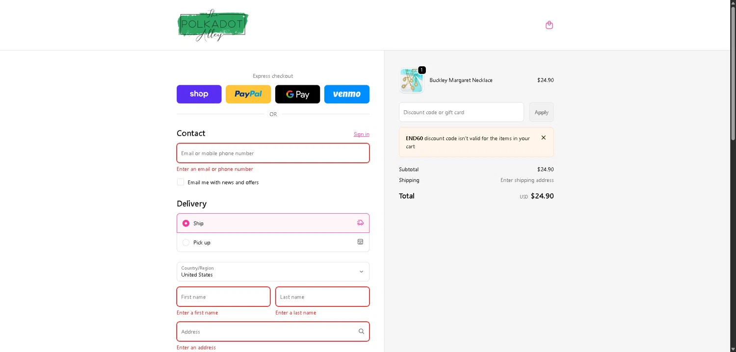The Polkadot Alley checkout page showing The Polkadot Alley promo code box | Screenshot taken by SimplyCodes community member on Dec 29, 2025