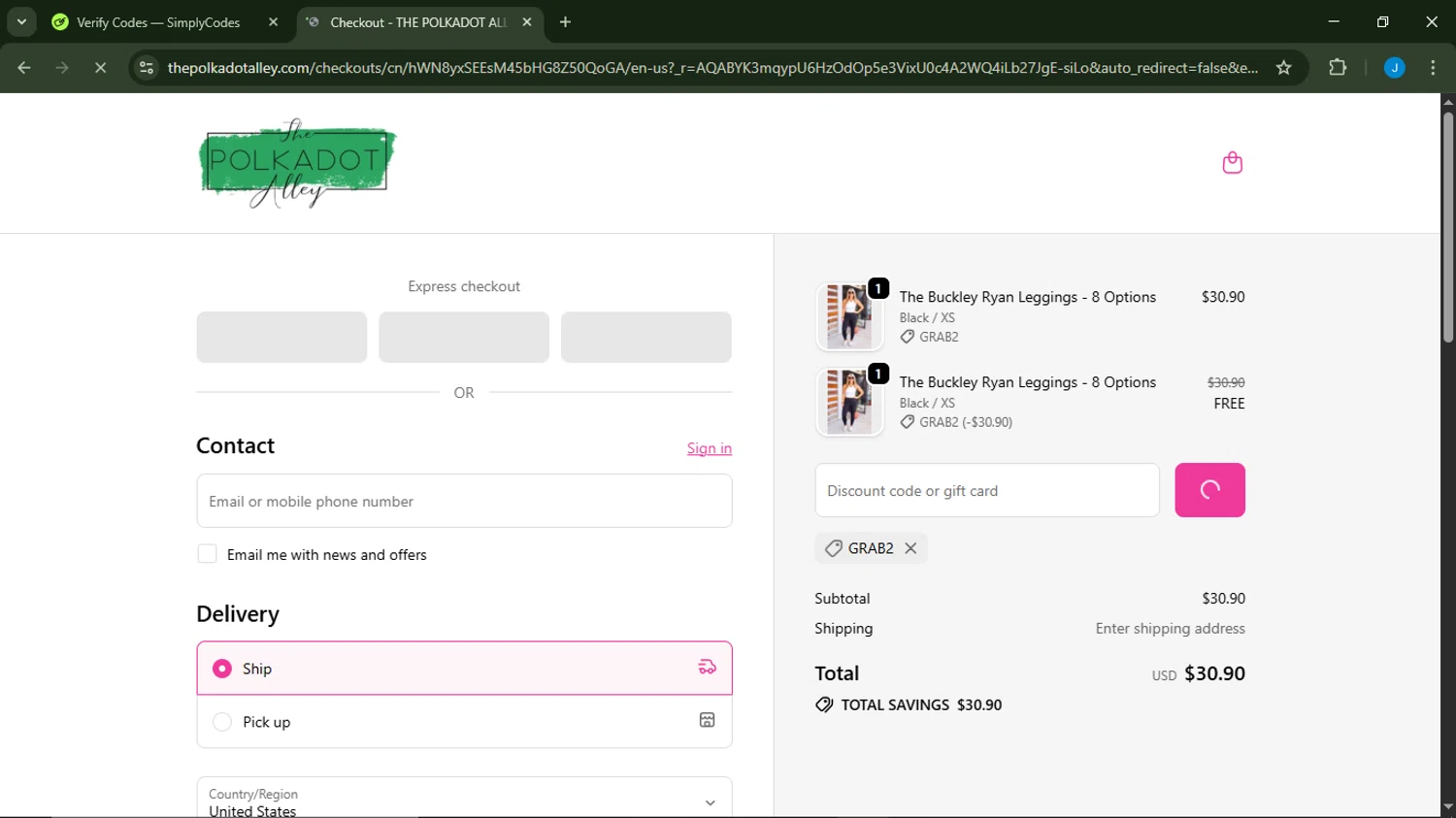The Polkadot Alley checkout page showing The Polkadot Alley promo code box | Screenshot taken by SimplyCodes community member on Feb 19, 2026