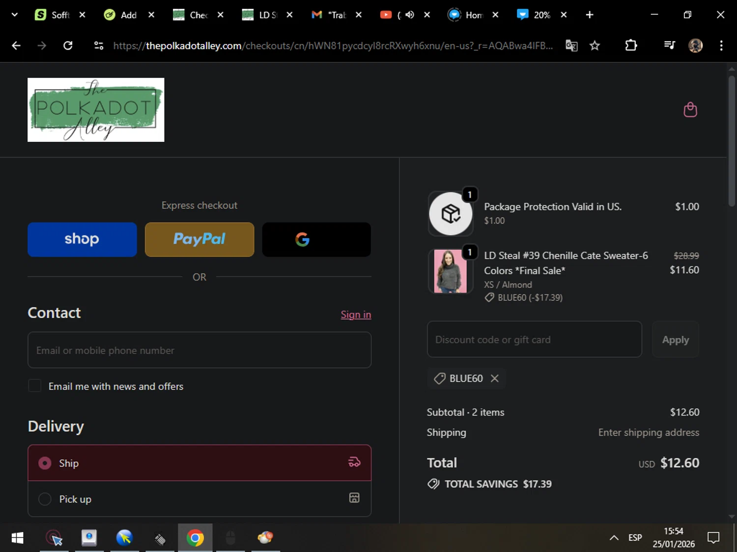 The Polkadot Alley promo code screenshot showing code BLUE60 applied at The Polkadot Alley checkout page. Uploaded by SimplyCodes community member MarcosAranguren on Jan 25, 2026
