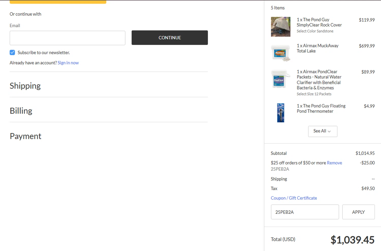 The Pond Guy checkout page showing The Pond Guy promo code box | Screenshot taken by SimplyCodes community member on Jul 4, 2025