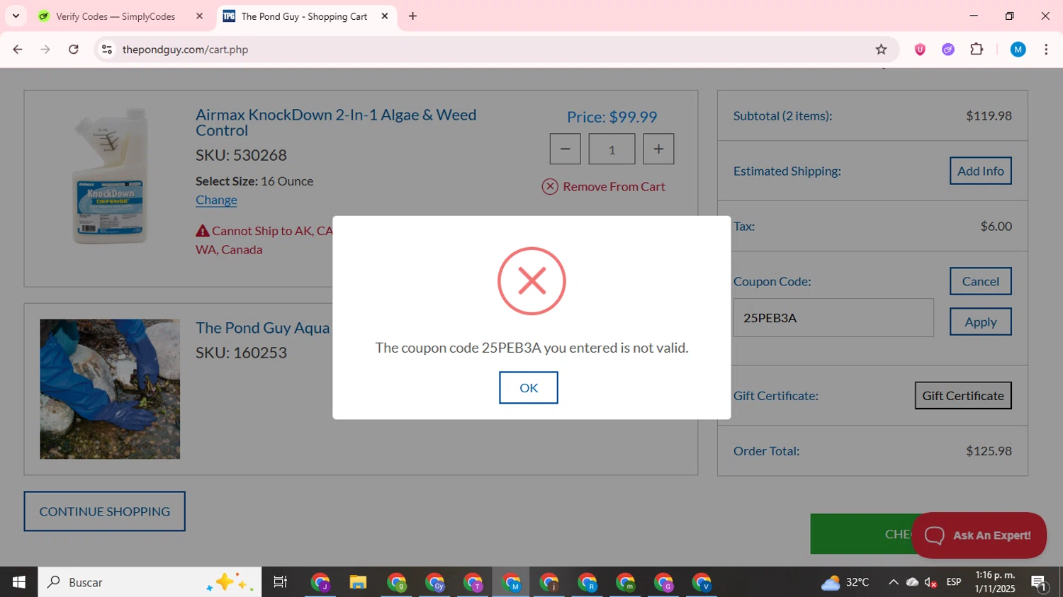 The Pond Guy promo code screenshot showing code 25PEB3A applied at The Pond Guy checkout page. Uploaded by SimplyCodes community member LegendaryCurator1585 on Nov 1, 2025