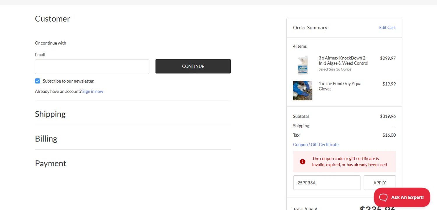 The Pond Guy promo code screenshot showing code 25PEB3A applied at The Pond Guy checkout page. Uploaded by SimplyCodes community member Ronita_832988044 on Nov 1, 2025