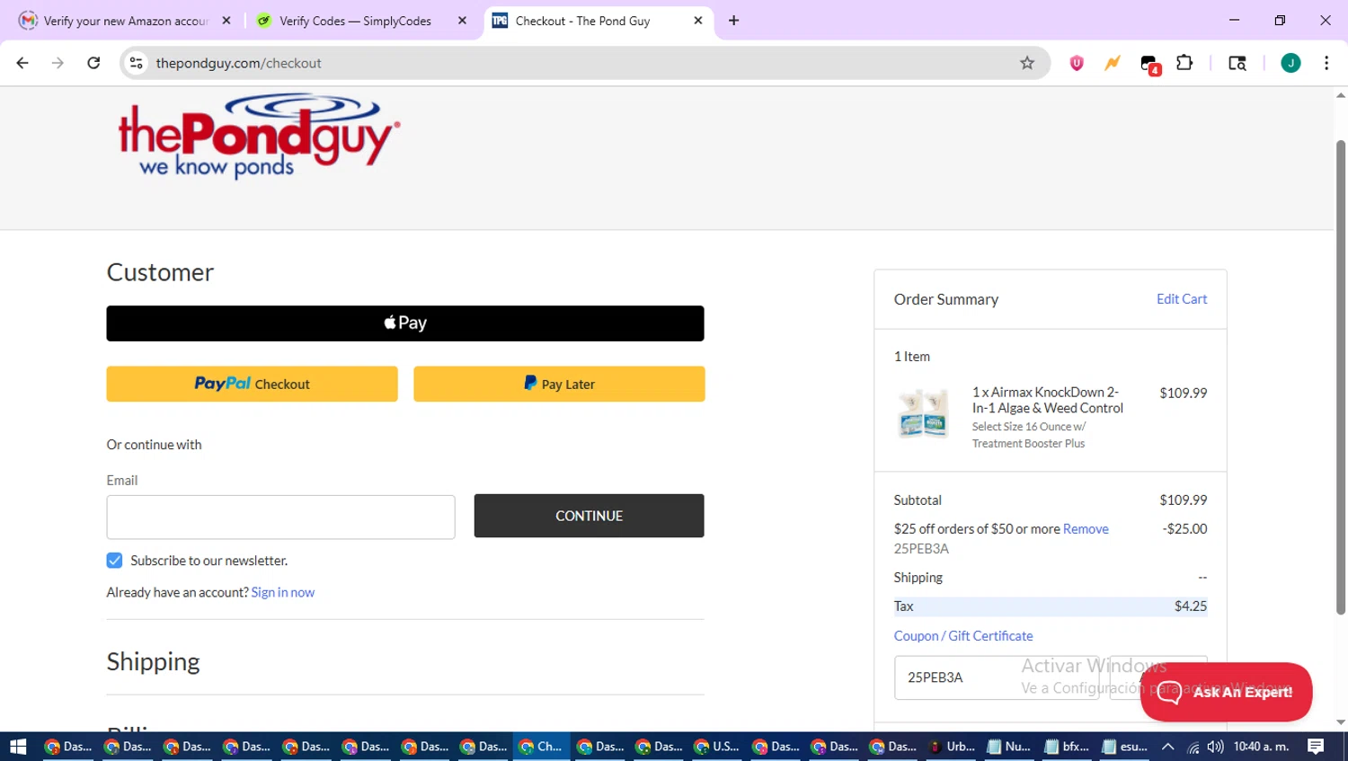 The Pond Guy checkout page showing The Pond Guy promo code box | Screenshot taken by SimplyCodes community member on Aug 6, 2025