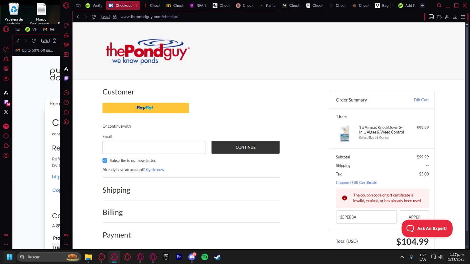 The Pond Guy promo code screenshot showing code 25PEB3A applied at The Pond Guy checkout page. Uploaded by SimplyCodes community member leonardocamacho2 on Nov 1, 2025