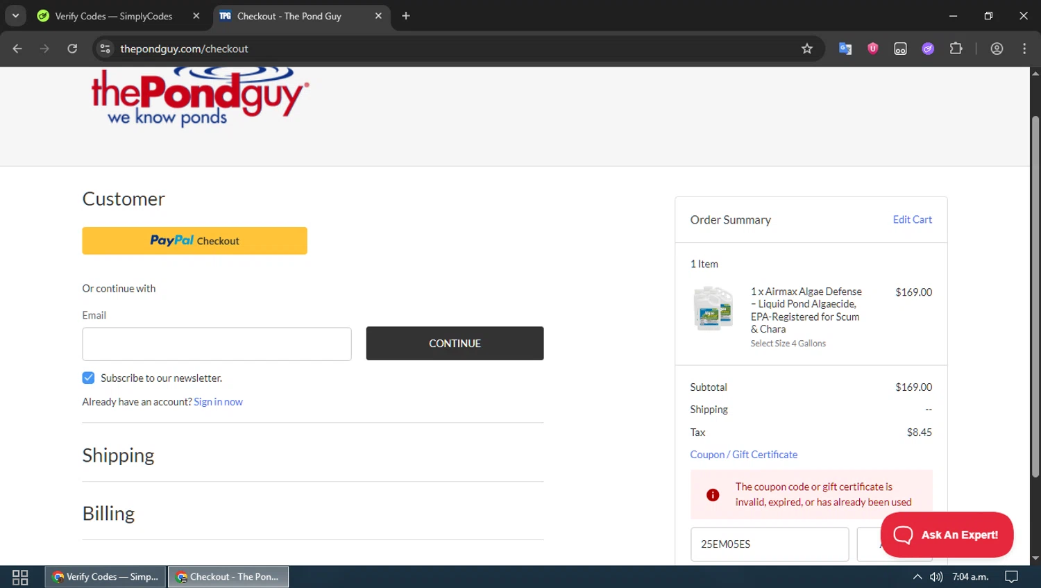 The Pond Guy promo code screenshot showing code 25EM05ES applied at The Pond Guy checkout page. Uploaded by SimplyCodes community member MoneyPioneer4925 on Sep 17, 2025