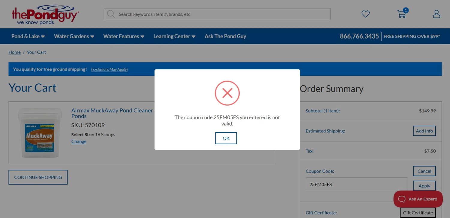 The Pond Guy promo code screenshot showing code 25EM05ES applied at The Pond Guy checkout page. Uploaded by SimplyCodes community member dimitriv on Sep 17, 2025