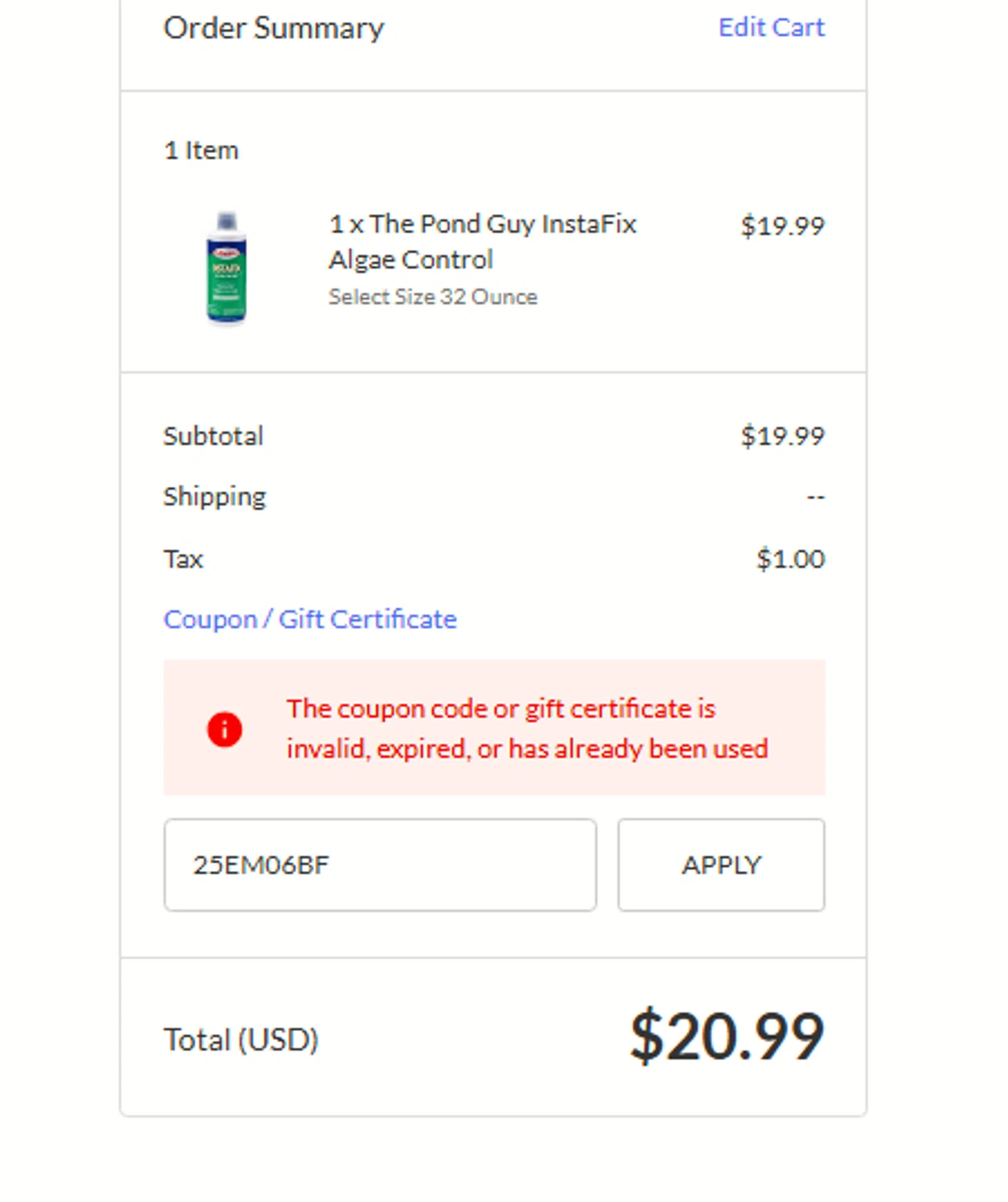 The Pond Guy promo code screenshot showing code 25EM06BF applied at The Pond Guy checkout page. Uploaded by SimplyCodes community member Sova_Valorant on Nov 18, 2025