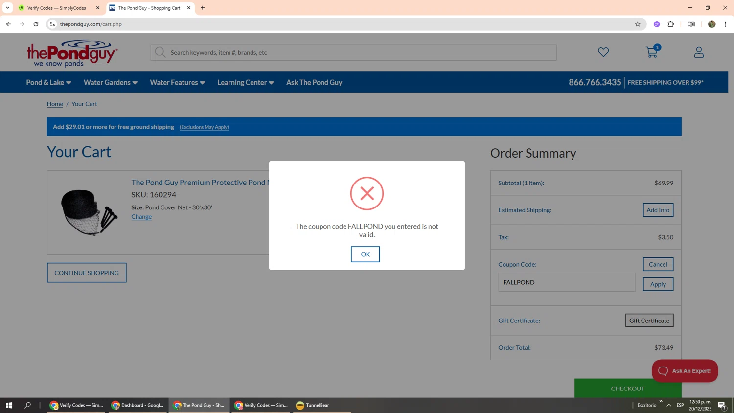 The Pond Guy promo code screenshot showing code FALLPOND applied at The Pond Guy checkout page. Uploaded by SimplyCodes community member Phoenix585 on Dec 20, 2025