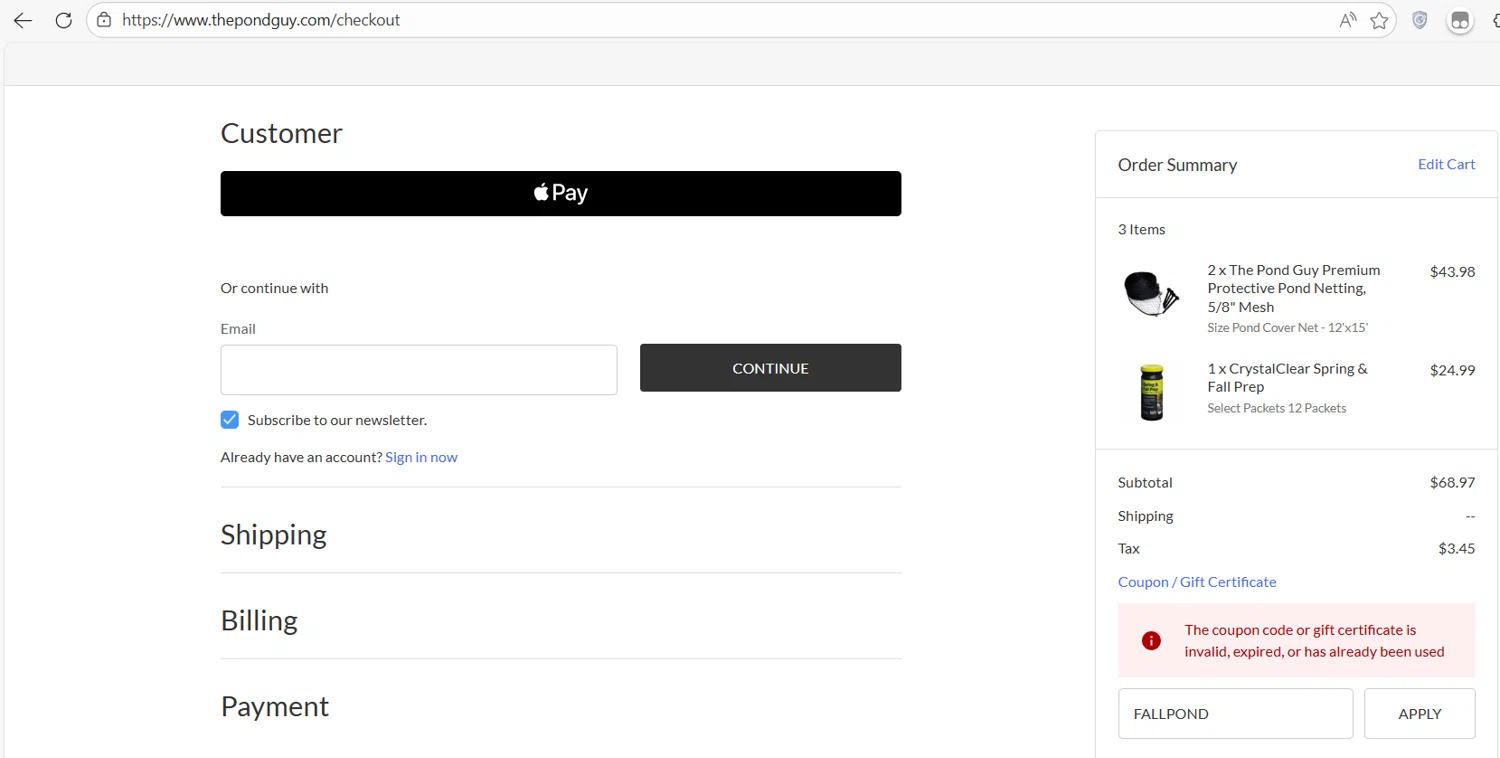 The Pond Guy promo code screenshot showing code FALLPOND applied at The Pond Guy checkout page. Uploaded by SimplyCodes community member RoyalNavigator1011 on Dec 20, 2025