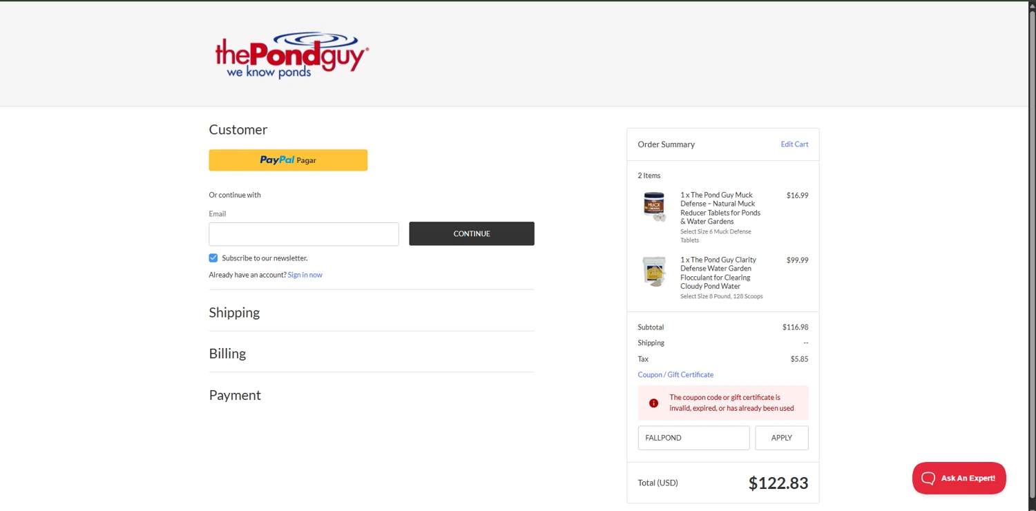 The Pond Guy promo code screenshot showing code FALLPOND applied at The Pond Guy checkout page. Uploaded by SimplyCodes community member ShrewdFox9008 on Dec 20, 2025