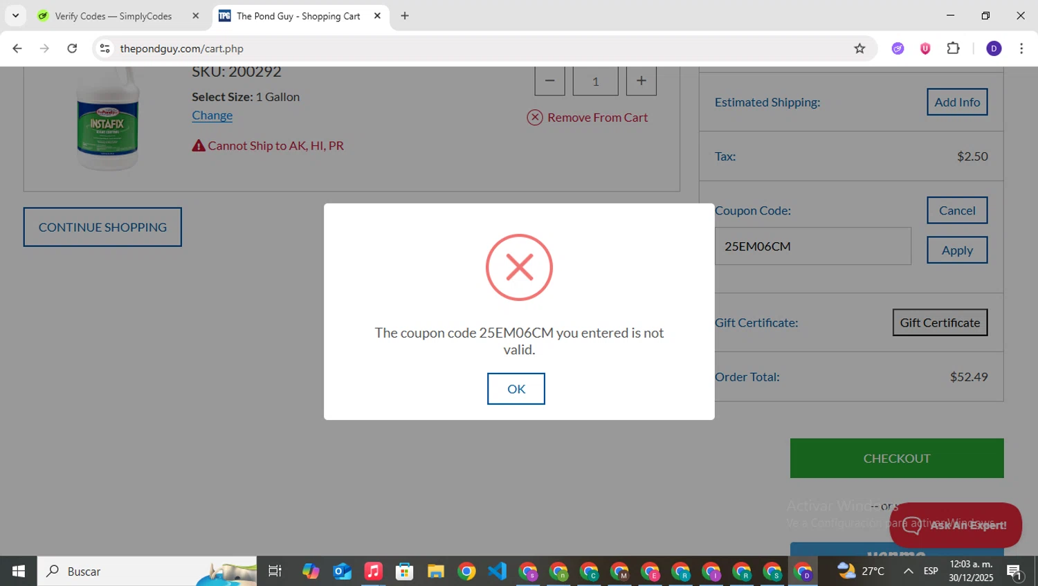 The Pond Guy promo code screenshot showing code 25EM06CM applied at The Pond Guy checkout page. Uploaded by SimplyCodes community member PrimeNavigator3251 on Dec 30, 2025