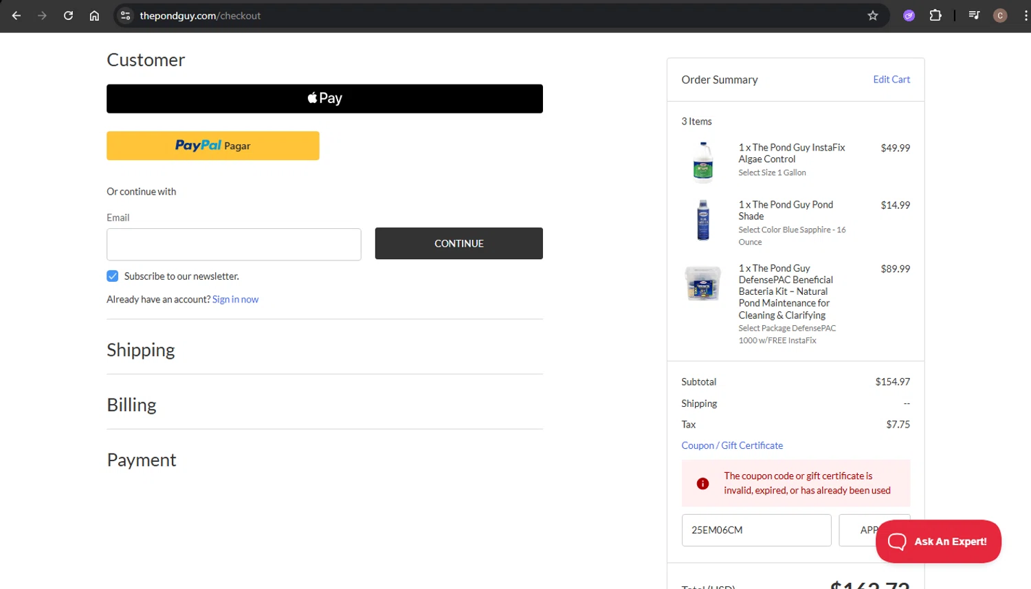 The Pond Guy promo code screenshot showing code 25EM06CM applied at The Pond Guy checkout page. Uploaded by SimplyCodes community member SwiftCaptain4127 on Dec 30, 2025