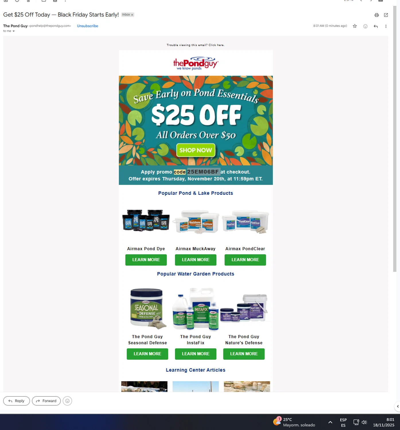 The Pond Guy promo code screenshot showing code 25EM06BF applied at The Pond Guy checkout page. Uploaded by SimplyCodes community member UnkNownVnzla on Nov 18, 2025