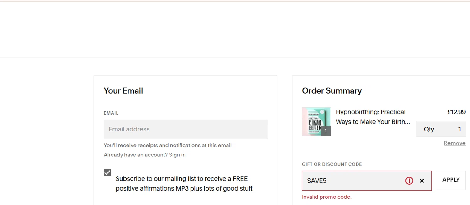 The Positive Birth Company discount code screenshot showing code SAVE5 applied at The Positive Birth Company checkout page. Uploaded by SimplyCodes community member cod_gakpo on Apr 6, 2025