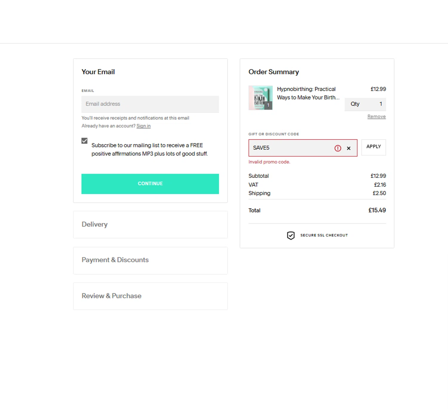 The Positive Birth Company discount code screenshot showing code SAVE5 applied at The Positive Birth Company checkout page. Uploaded by SimplyCodes community member josesanchez10 on Apr 6, 2025