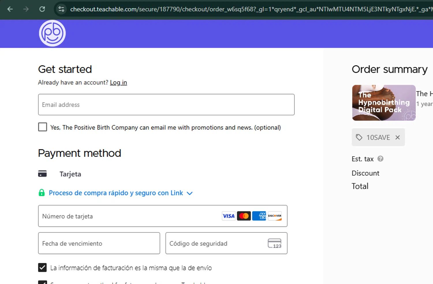 The Positive Birth Company discount code screenshot showing code 10SAVE applied at The Positive Birth Company checkout page. Uploaded by SimplyCodes community member xaswqe on Sep 30, 2025