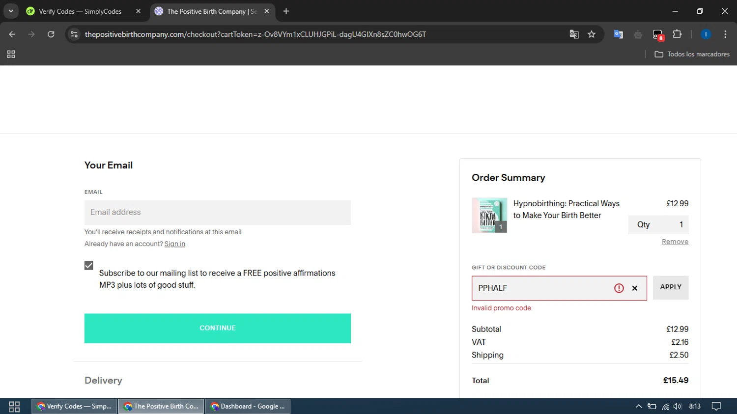 The Positive Birth Company discount code screenshot showing code PPHALF applied at The Positive Birth Company checkout page. Uploaded by SimplyCodes community member ThriftyScout4426 on Apr 17, 2025