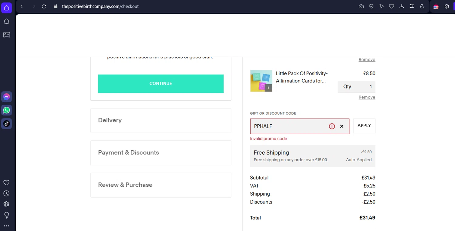 The Positive Birth Company discount code screenshot showing code PPHALF applied at The Positive Birth Company checkout page. Uploaded by SimplyCodes community member TokenFinder6469 on Apr 17, 2025