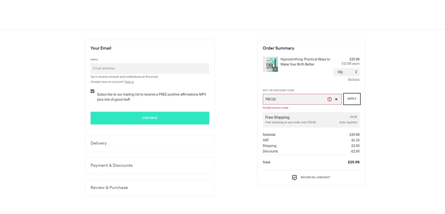 The Positive Birth Company discount code screenshot showing code PBC20 applied at The Positive Birth Company checkout page. Uploaded by SimplyCodes community member PennyRanger8219 on Jul 12, 2025