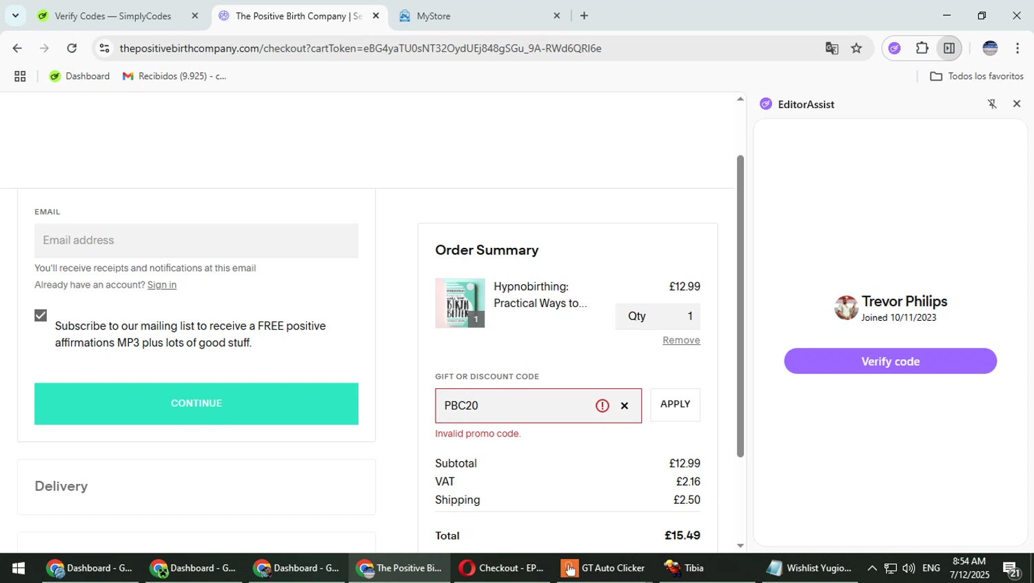 The Positive Birth Company discount code screenshot showing code PBC20 applied at The Positive Birth Company checkout page. Uploaded by SimplyCodes community member TrevorPhilips on Jul 12, 2025