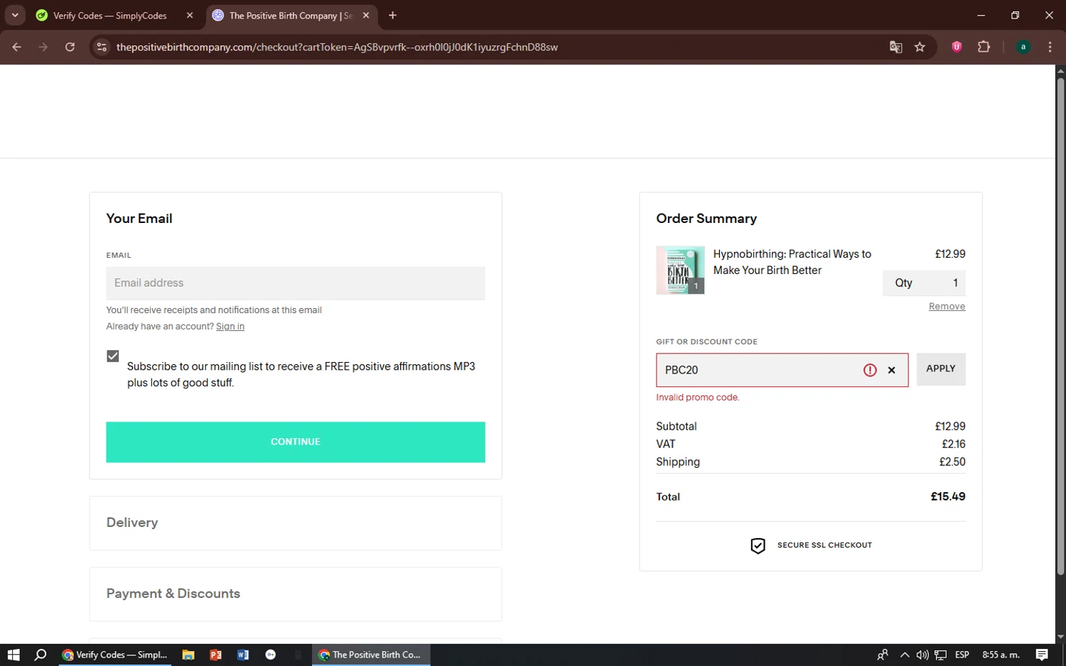 The Positive Birth Company discount code screenshot showing code PBC20 applied at The Positive Birth Company checkout page. Uploaded by SimplyCodes community member zizu55 on Jul 12, 2025
