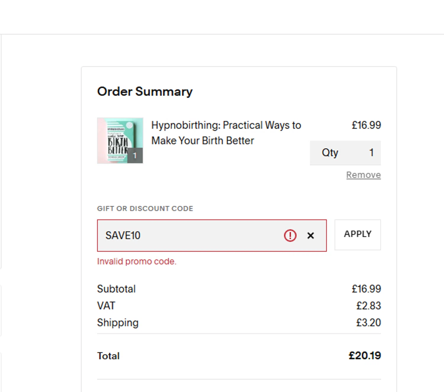 The Positive Birth Company discount code screenshot showing code SAVE10 applied at The Positive Birth Company checkout page. Uploaded by SimplyCodes community member RewardCurator5232 on Oct 31, 2025