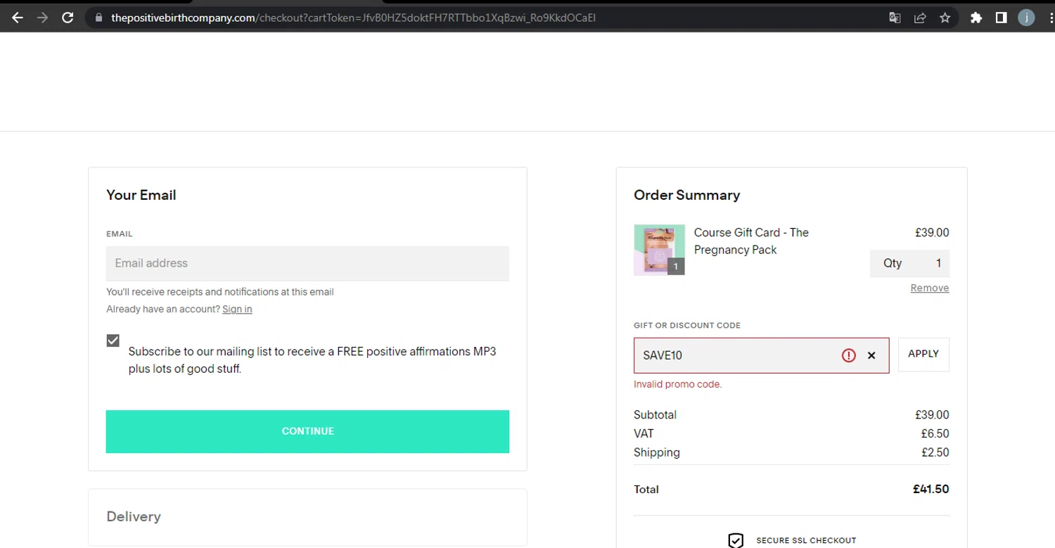 The Positive Birth Company discount code screenshot showing code SAVE10 applied at The Positive Birth Company checkout page. Uploaded by SimplyCodes community member SavingsCurator5849 on Oct 31, 2025