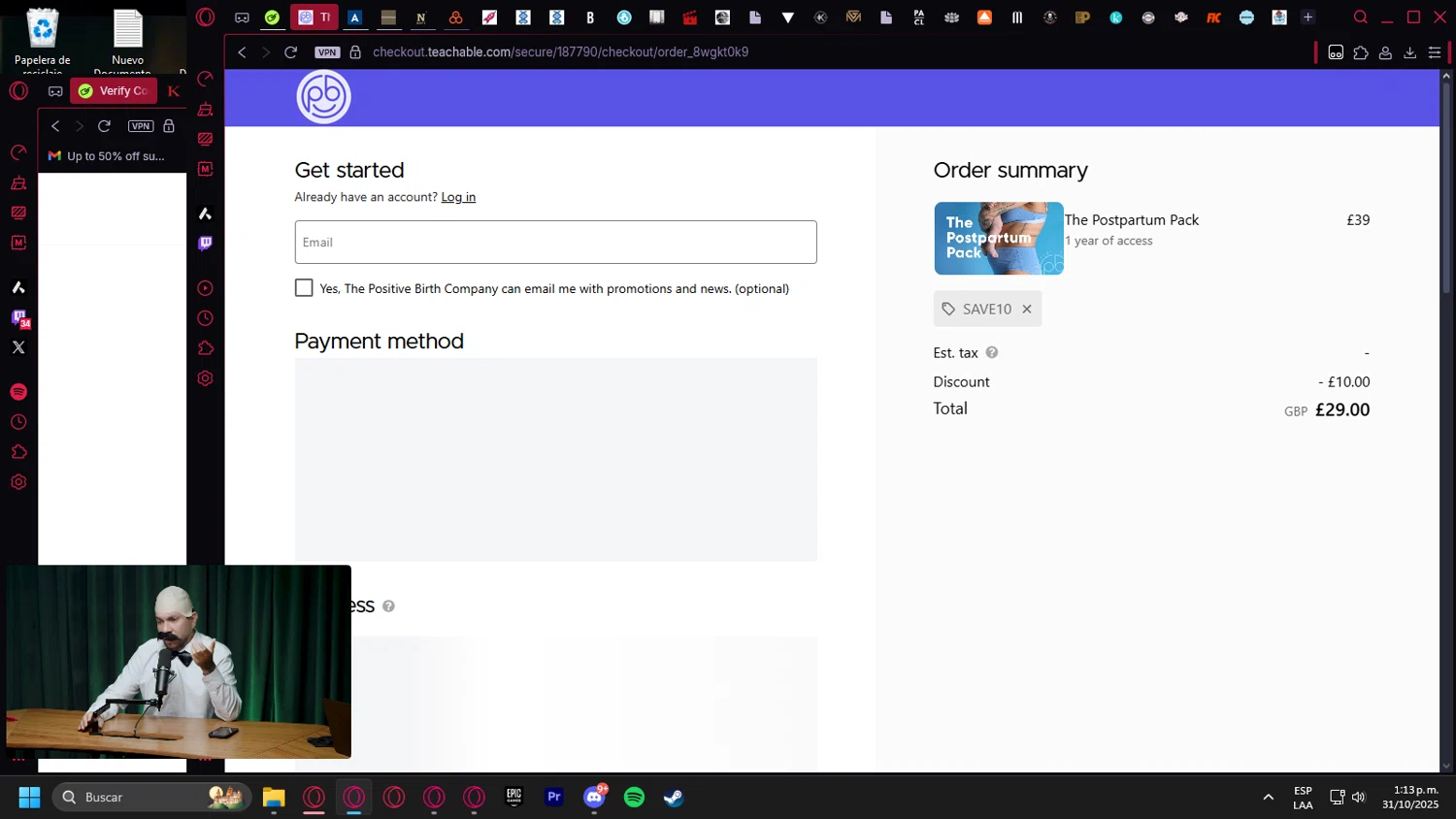 The Positive Birth Company discount code screenshot showing code SAVE10 applied at The Positive Birth Company checkout page. Uploaded by SimplyCodes community member leonardocamacho2 on Oct 31, 2025