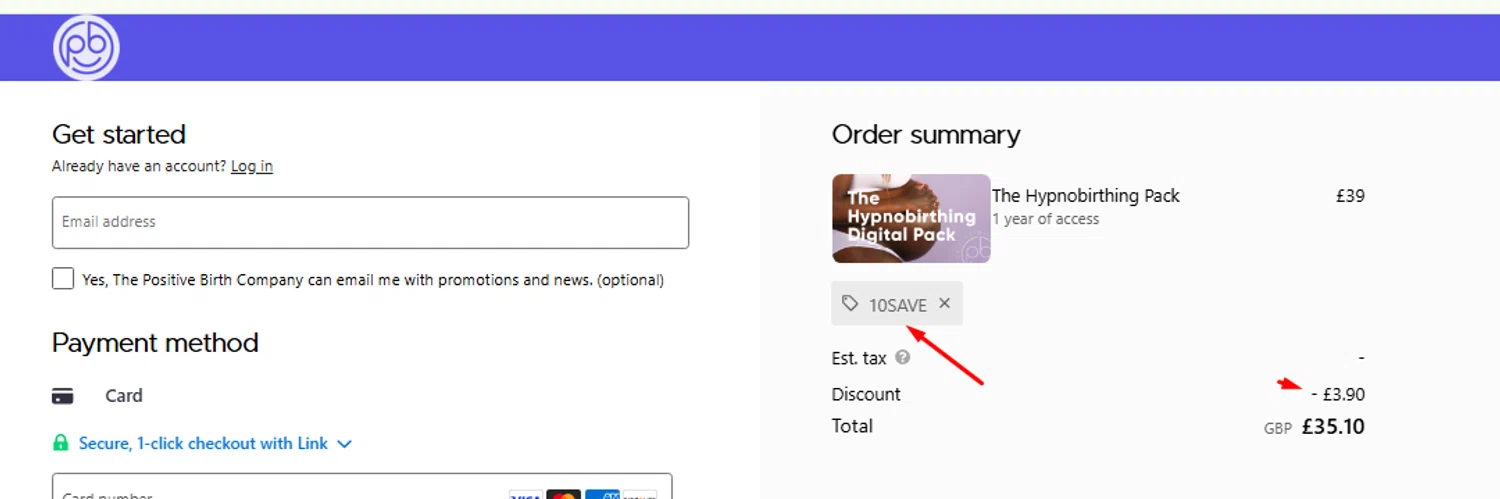 The Positive Birth Company discount code screenshot showing code 10SAVE applied at The Positive Birth Company checkout page. Uploaded by SimplyCodes community member carlosrivero on Aug 1, 2025