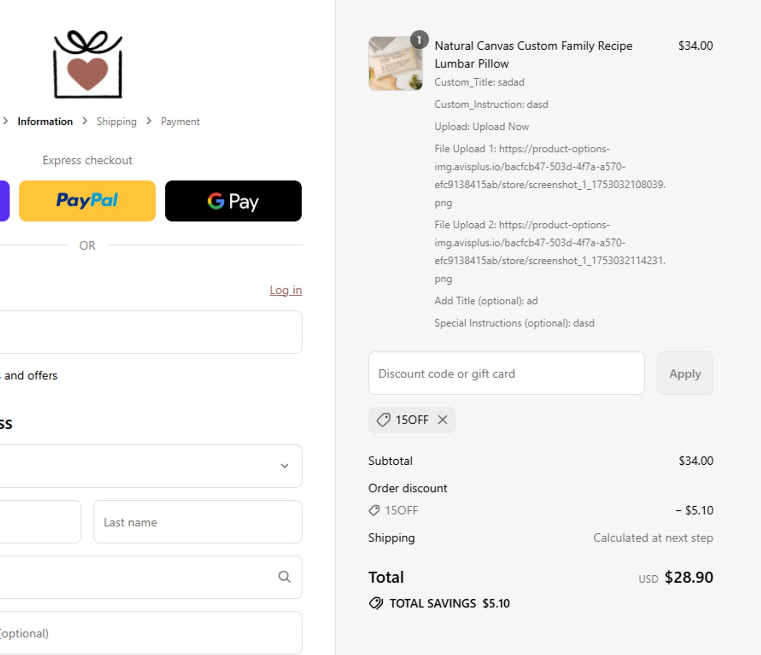 The Printed Gift discount code screenshot showing code 15OFF applied at The Printed Gift checkout page. Uploaded by SimplyCodes community member aumentadax10 on Jul 20, 2025