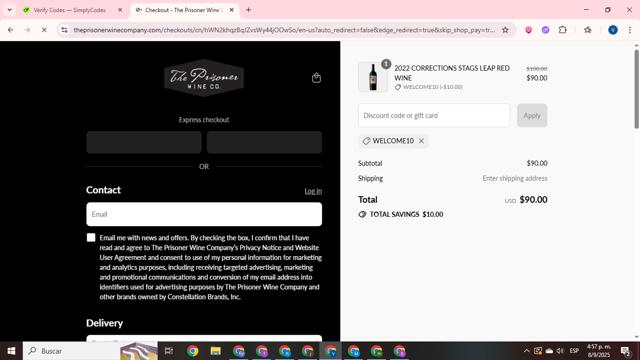 The Prisoner Wine Company checkout page showing The Prisoner Wine Company coupon code box | Screenshot taken by SimplyCodes community member on Sep 8, 2025